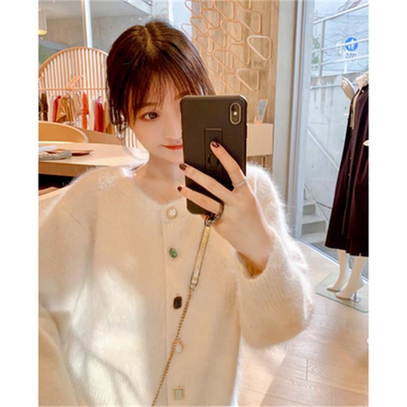 Women Faux Mink Cashmere Lazy Loose Crew Neck Sweater Knitted Cardigan Button Coat
