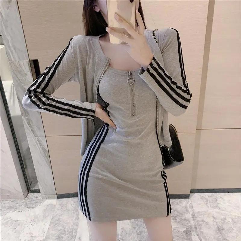 Sexy Skinny Dress Set Women's Striped Long Sleeve Jacket + Sling Zipper Slim Dress Casual Sports Skirt Set Female Summer Clothing Sets Dress Set