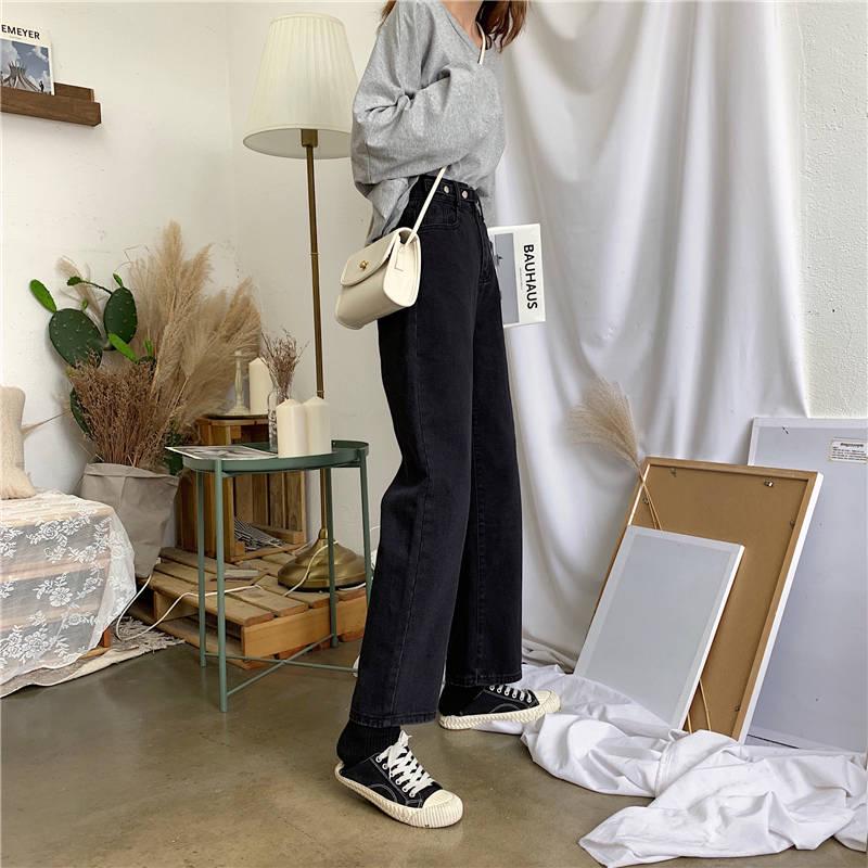 WTEMPO Spring New Thin Wide Leg Pants Female Students Wild High Waist Straight Black Denim Trousers Tide