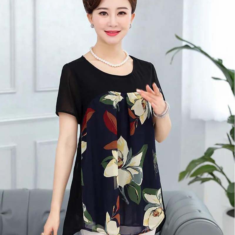 Women's Summer Short Sleeve Chiffon Shirt Mommy's Large Size Loose Floral Top