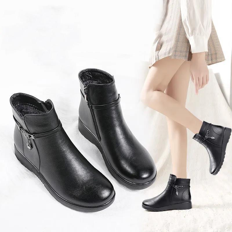 Women's Boots Winter Cotton Shoes Plus Velvet Anti-skid Warm Snow Boots Leather Shoes Waterproof Short Boots Women