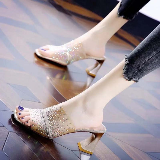 Mesh Rhinestone Open-toe High-heeled Sandals Women's Thick Heel Slippers Middle Heel Elegant Sandals All-match Simple Slippers Patchwork Sandals