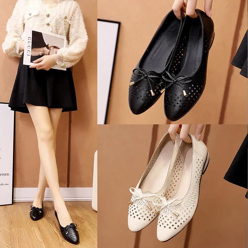 Women's Shoes Spring Flat Hollow Pumps Soft Leather Shoes Bow Low Heel Soft Sole