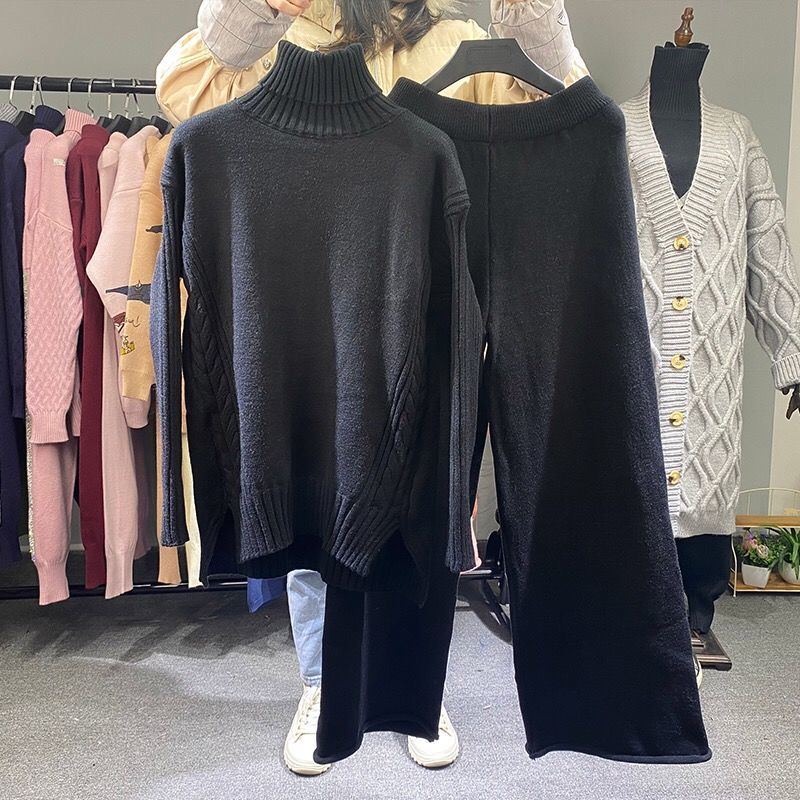 2pcs/set  Two Piece Set Pullover Sweater Tracksuit Women Elastic High Waist Knit Wide Leg Pants Women Suit 2 Piece Set  Winter Outfits