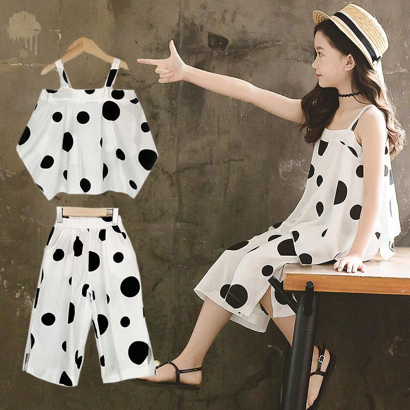Girls' Summer Suits Big Children Western Style Korean Children's Summer Net Red Fashionable Chiffon Two-piece Suit