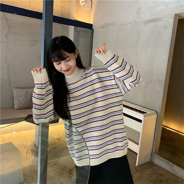 Autumn and Winter College Style Striped Round Neck Sweater Female Students Loose and Thin Mid-length Sweater Coat