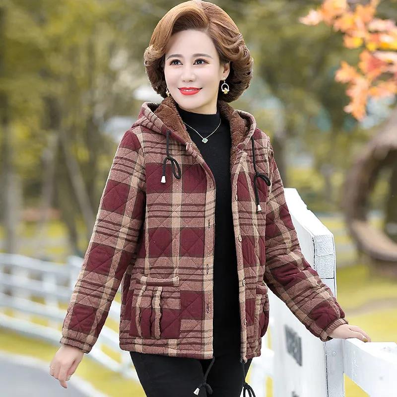 Winter Plus Velvet Cotton Jacket Women's Plaid Short Hooded Cotton Jacket Suitable for Middle-aged Women
