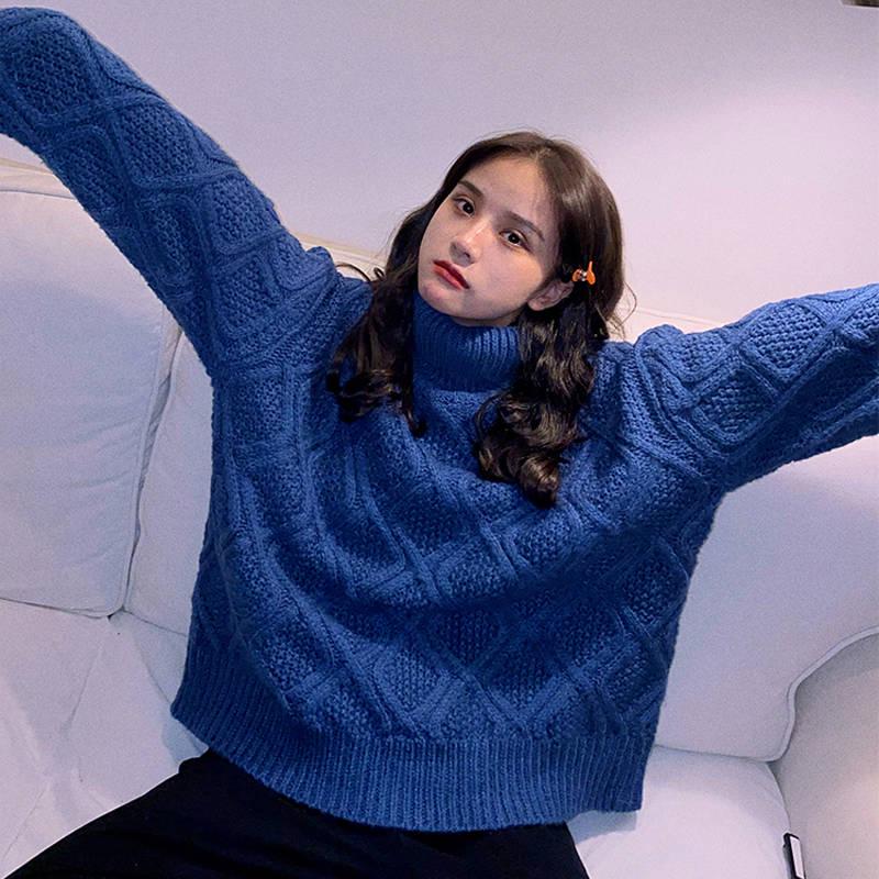 Pofulove Korean Solid Color Thick Turtleneck Female Autumn Winter Lazy Loose Twist Knitted Pullover
