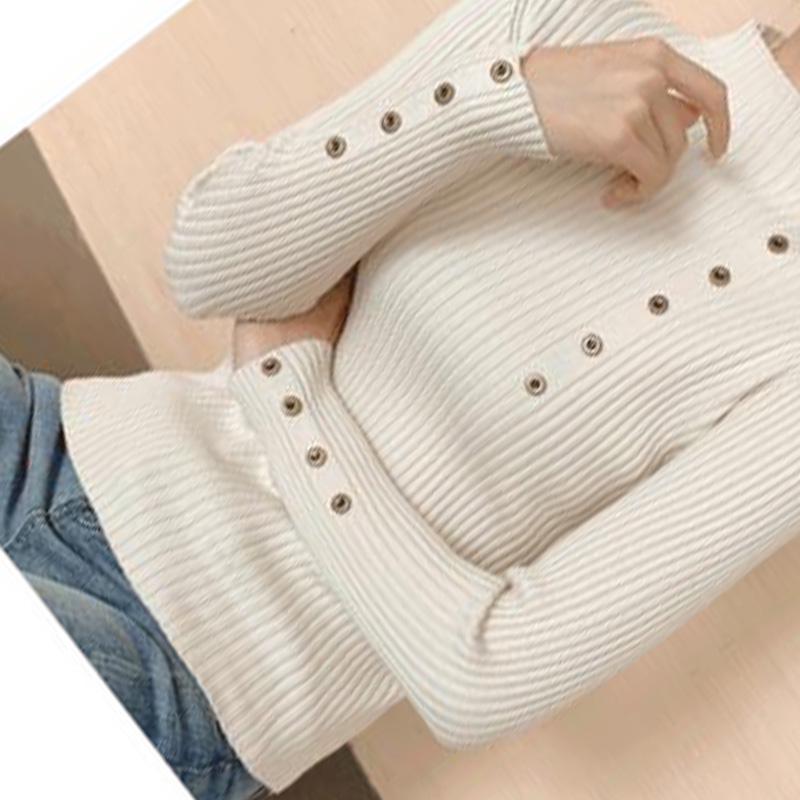 Long-sleeved Casual Bottoming Sweater Women's Spring and Autumn Thin Slim Half Turtleneck Buttoned Sweater Short Style Top