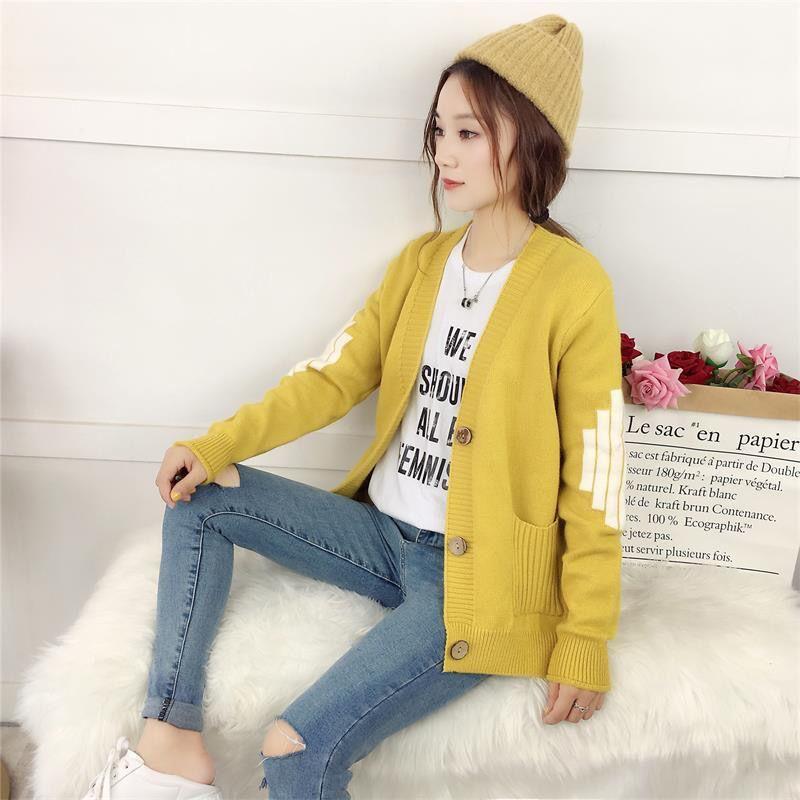 Spring  Autumn V-neck Cardigan Sweater Women Short Knit Small Coat Loose Casual Fashion Students All-match