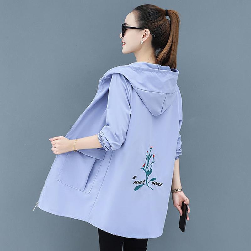 Jacket Women's Embroidered Autumn Plus Size Windbreaker Women's Mid-length Korean Loose Hooded Jacket Tops