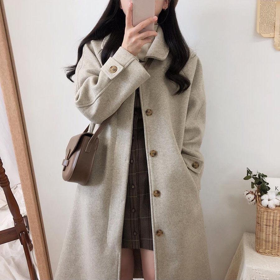 Black Long Woolen Winter Korean Style Over-the-knee Thick Coat for Female Students Loose and Thin Woolen Coat