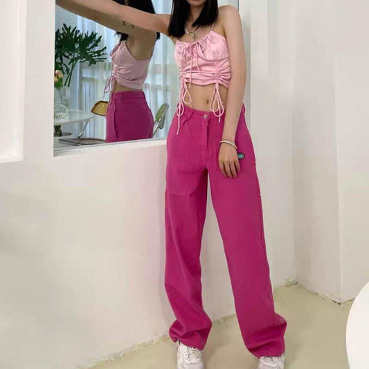 Rose Red Jeans Female European and American High Street Hip Hop Hiphop Fried Street Casual Straight Pants Tide INS