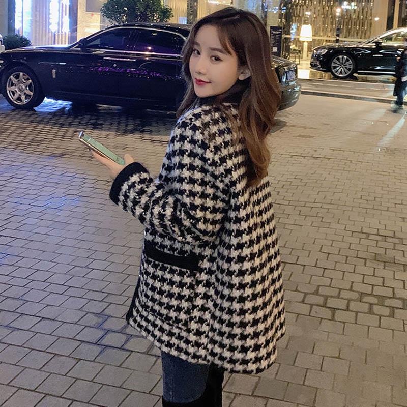 Little Fragrant Houndstooth Jacket Women Autumn and Winter Black and White Plaid Loose Short Thick Woolen Coat