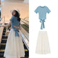 Two-piece Skirt Suit Summer Ladies Bow Tie Cotton Top T-shirt + Organza Chiffon Skirt Sexy Show Waist A-line Skirt Suit