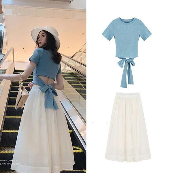 Two-piece Skirt Suit Summer Ladies Bow Tie Cotton Top T-shirt + Organza Chiffon Skirt Sexy Show Waist A-line Skirt Suit