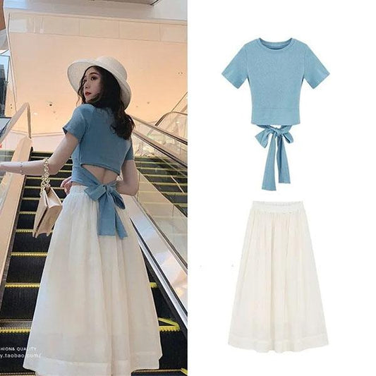 Two-piece Skirt Suit Summer Ladies Bow Tie Cotton Top T-shirt + Organza Chiffon Skirt Sexy Show Waist A-line Skirt Suit