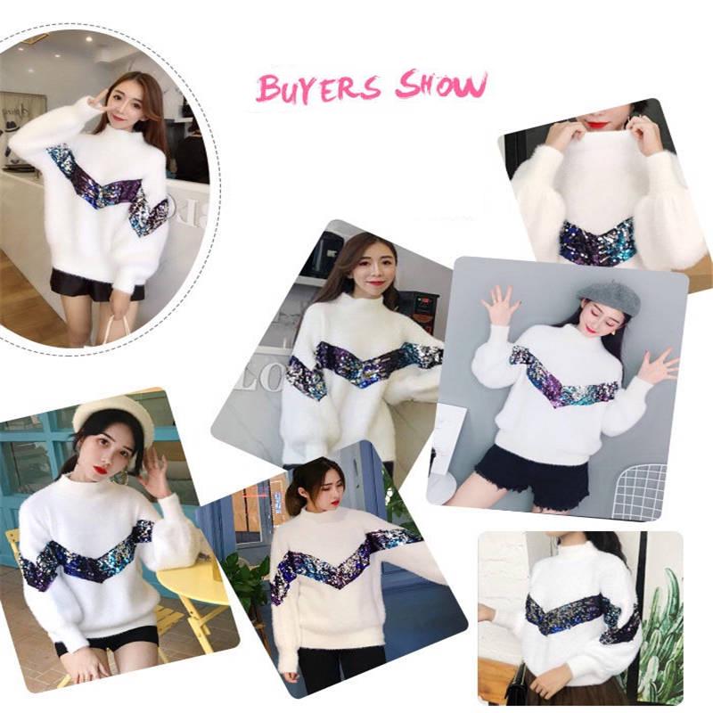 Pofulove women knitted sweater mohair thick pullover top loose half  turtleneck sweater coat Winter jumper pullover