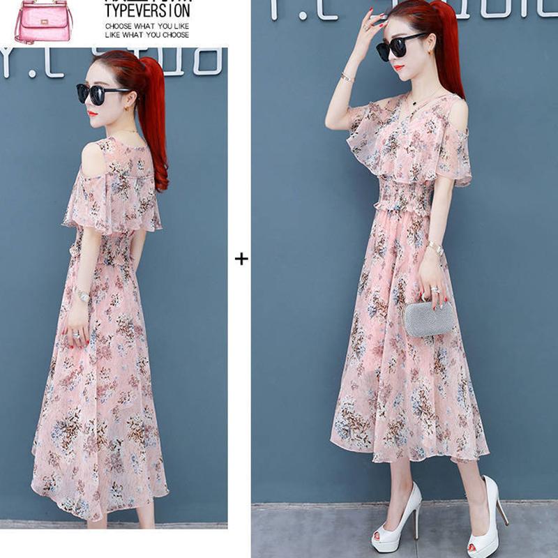 Temperament Floral Dress Women's Summer All-match Off-the-shoulder Waist-swinging Mid-length Chiffon A-line Skirt Fabric Light and Breathable