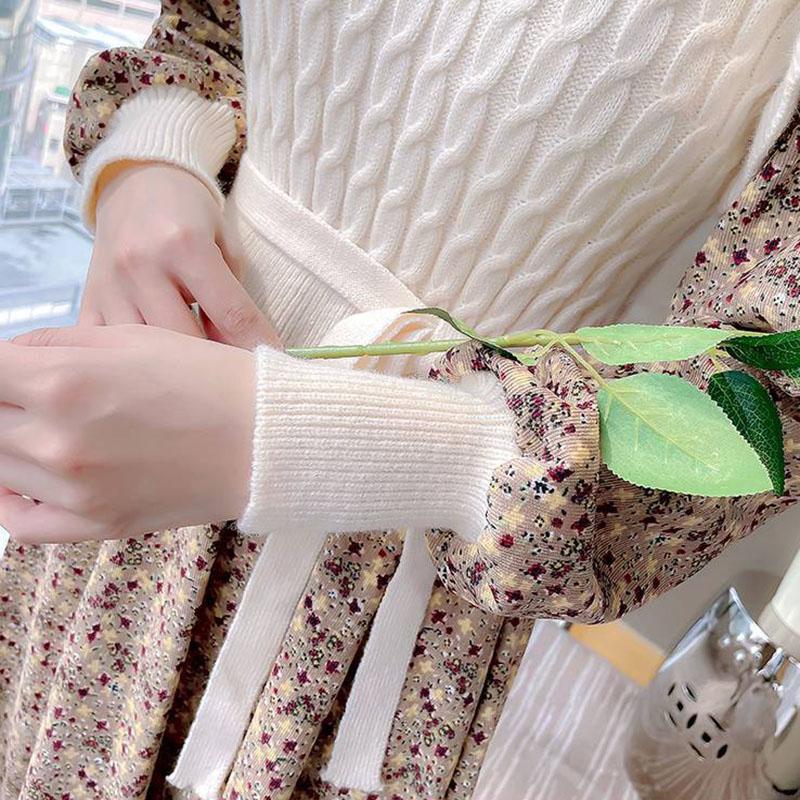 Autumn and Winter Fake Two-piece Over-the-knee Long Base Sweater Dress Base Knitted Stitching Corduroy Floral Dress