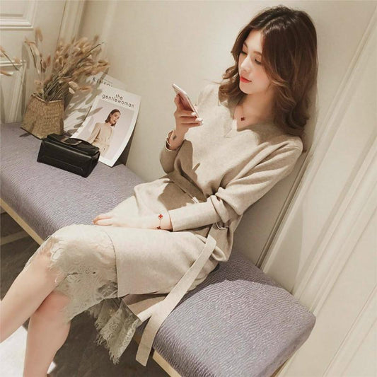 Pofulove 5 Colors Winter Slim Waist Sweater Dress Sweet O-neck Lace Knitted Long Pullover Skirt