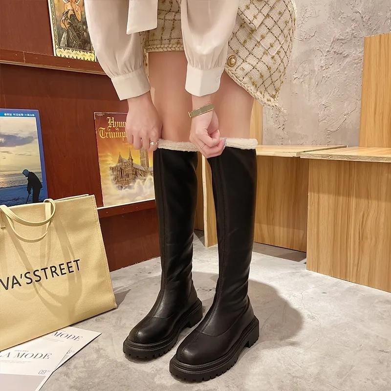 Women Thigh High Boots Winter Shoes Knee High Fur Boots Black White Flat Shoes Leather Boots Thick Plush Warm Knee High Long Boots