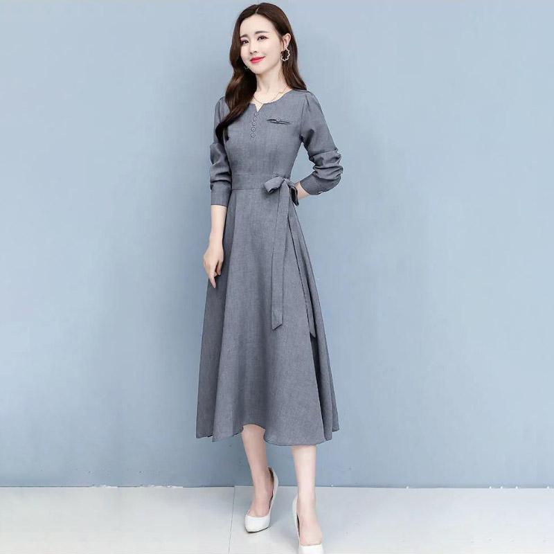 Long Sleeve Fashion Dress Female Spring Summer Korean Style Noble Temperament Slim Slimming Cotton and Linen Midi Skirt