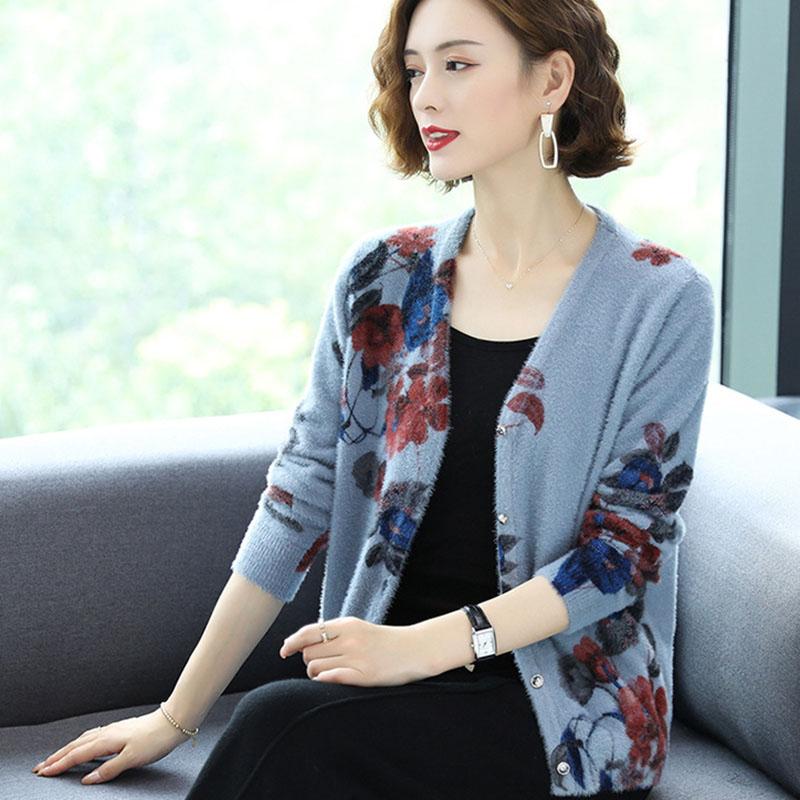 Autumn Winter Artificial Mink Cashmere Printed Knitted Cardigan Women's Short Sweater Coat Long-sleeved Loose Knitted Jacket