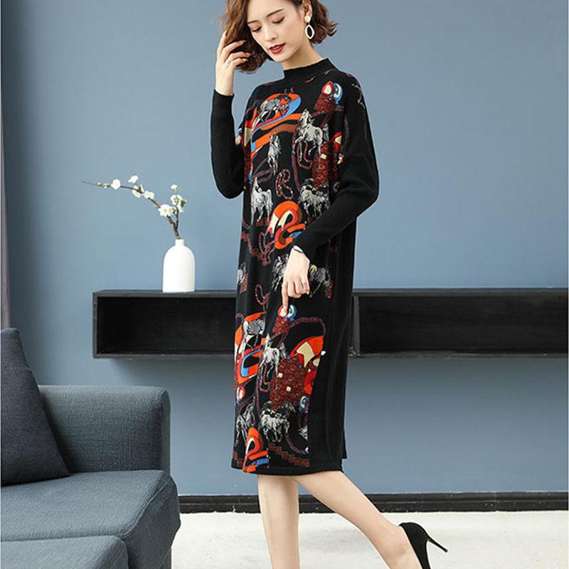 Long Printed Dress Autumn and Winter Calf-length Cardigan Loose Large Size All-match Knitted Pullover Sweater