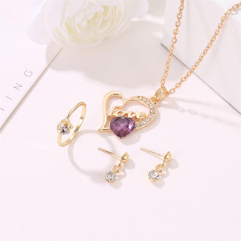 Set of Jewelry Jewelry Love Heart Necklace Earrings Ring Fashion Three-piece