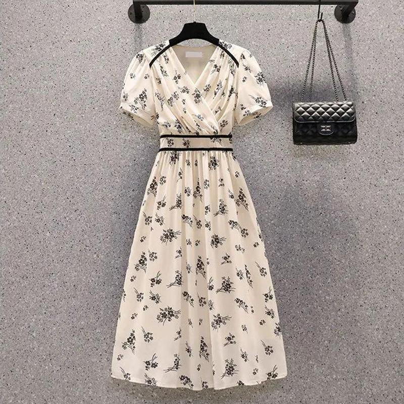 Large Size Women's Dresses Summer Fashion Temperament Waist-covered BellyThin Floral Dress