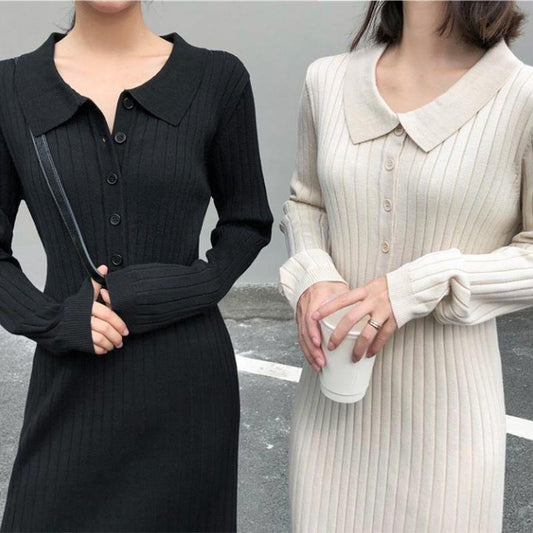 Autumn Mid-length Over-the-knee Bottoming Skirt Sweater Women's Pullover Polo Collar Loose and Thin Knitted Split Dress