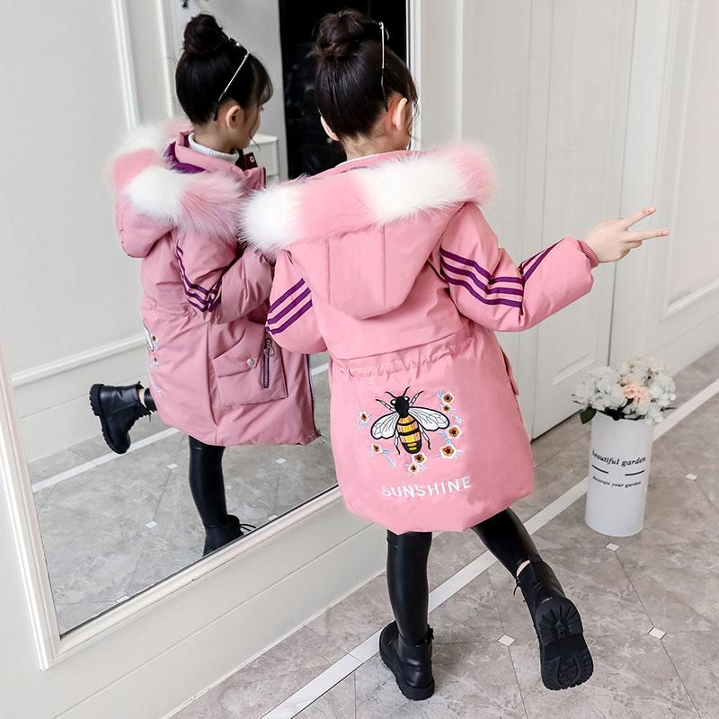 Winter Girl's Cotton Padded Jacket Thickened Medium Length Parka Jacket Children's  Printed Hooded Jacket with Removable Fur Coll