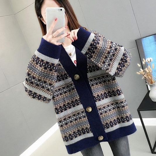 Autumn Winter Vintage Printed Cardigan Sweater Korean Knitwear Casual Loose V-neck Knitted Cardigan Coat tops