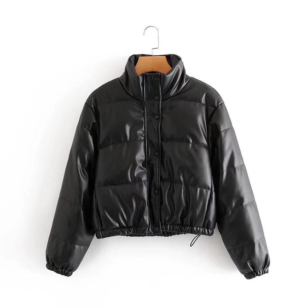 Stand-up Collar Short Street Motorcycle Warmth Loose Imitation Leather Jacket Padded Coat Women