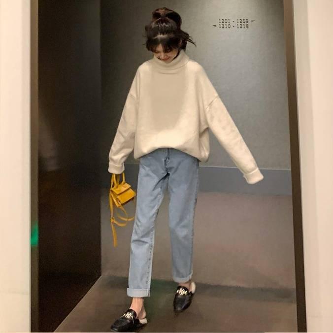 Pofulove Winter Warm Thick Turtleneck Sweaters Girl Student Loose Pullover Solid Color Coat Sweater