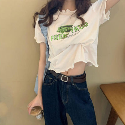 Summer Korean Girls Loose Letter-printed Short-sleeved T-shirt with Curls