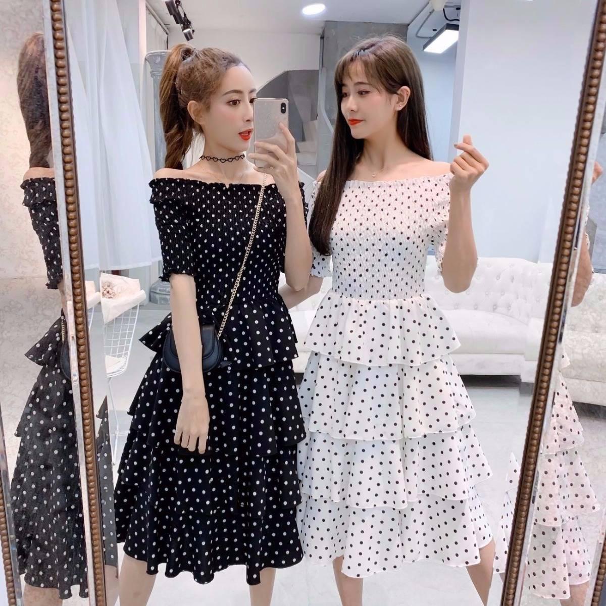 Fashion Women Plus Size Dress Summer Polka Dot Layered Dress Slash Neck Off-shoulder Dress Party