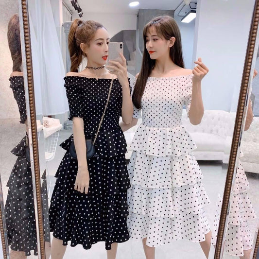 Fashion Women Plus Size Dress Summer Polka Dot Layered Dress Slash Neck Off-shoulder Dress Party