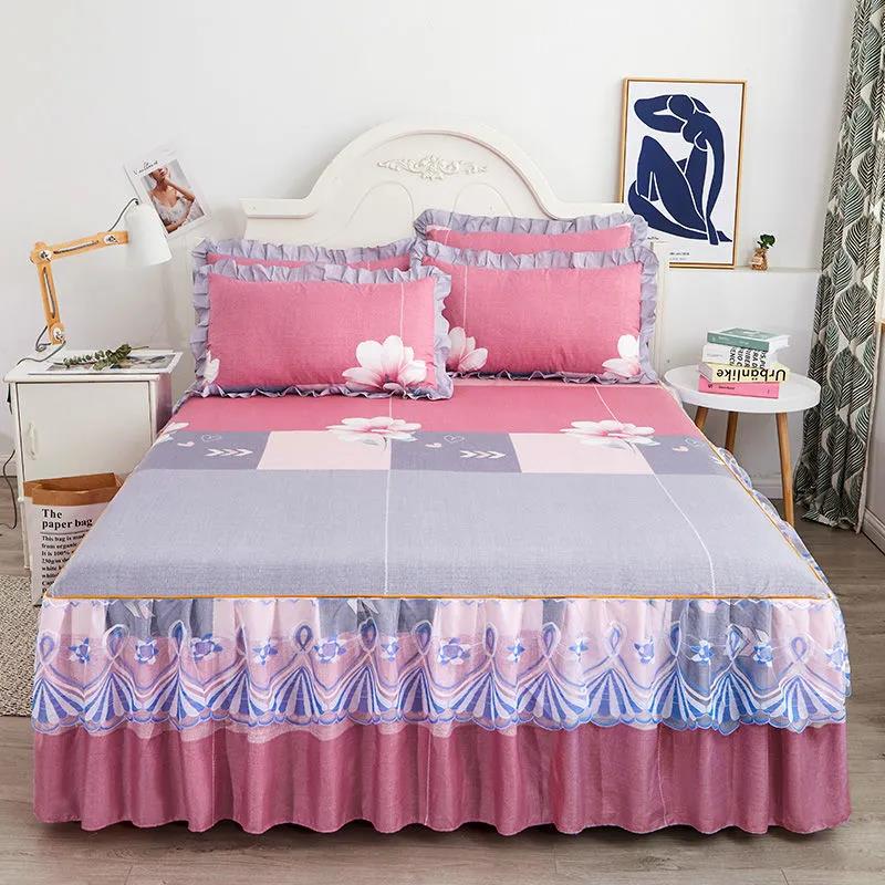 Four Seasons Universal Mattress Cover Thickened Cotton Sanded Mattress Dust-proof Bedspread Korean Lace Bed Skirt Single Piece