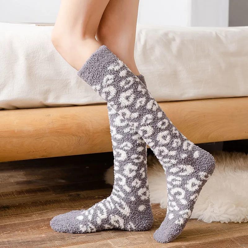 3 Pairs of Leopard-print Coral Fleece Socks Women's Calf Socks Furry Winter Sleep Socks Plus Velvet Thick Warm Stockings