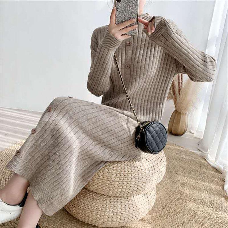 Long Sweater Over The Knee Retro Single-breasted Base Knitted Autumn and Winter Women's Dress