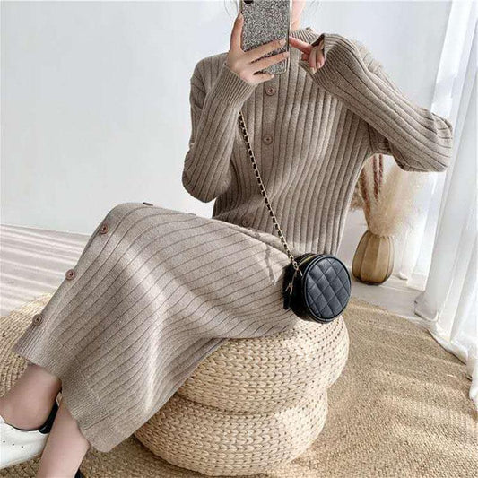 Long Sweater Over The Knee Retro Single-breasted Base Knitted Autumn and Winter Women's Dress