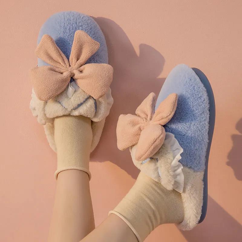 Cute Bowknot Cotton Slippers Keep Warm and Comfortable In Autumn and Winter Indoor Non-slip