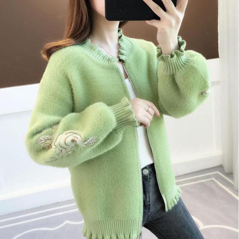 Imitation Mink Velvet Embroidered Ruffled Cardigan Women's Spring and Autumn Style Lazy Style Loose Sweater Zipper Long-sleeved Knitted Jacket