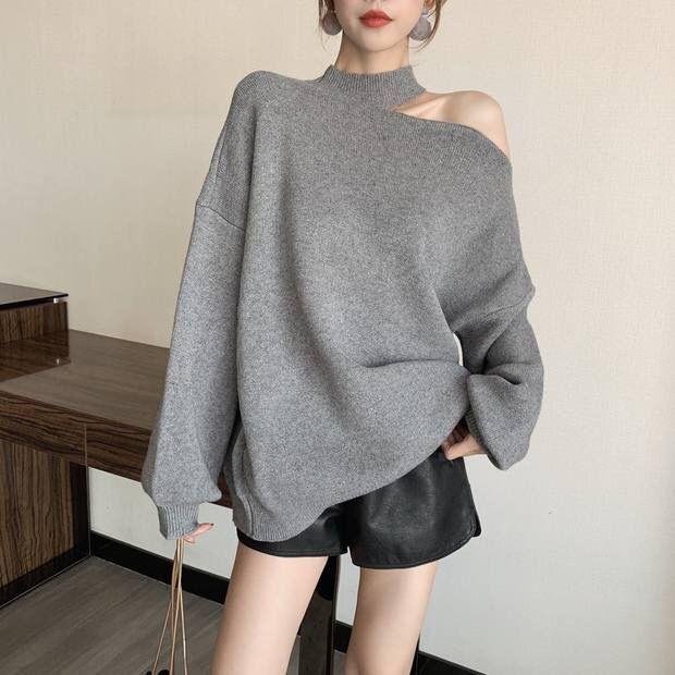 Women Autumn Winter One Shoulder Sweater Loose Pullover Warm Long Sleeve Knitted Streetwear