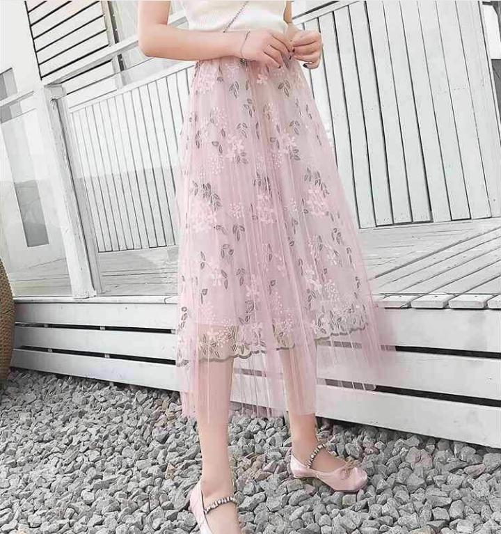 Long Lace Skirt Pink/gray/apricot Midi Ladies Skirt Women High Waist Korean Skirt Elastic Waist Long Skirt Clothes