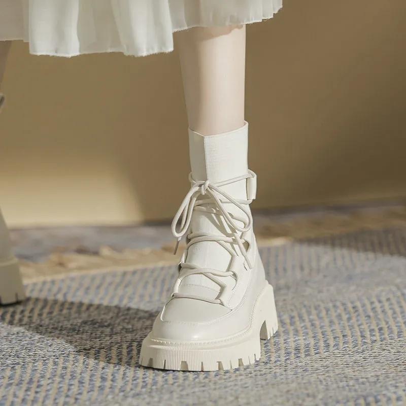 Autumn Winter Women's Boots Black White Ankle Boots Knit PU Leather Short Booties Woman Fall Shoes Punk Goth Shoes