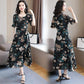 Short-sleeved Chiffon Dress Female Summer Plus Size Waist Slimming Long Round Neck Floral Skirt Temperament Elegant Chiffon Dress