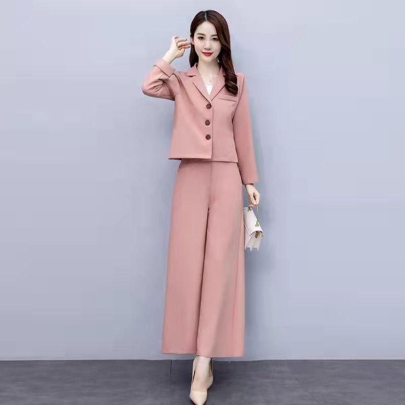 2PCS Women's Loose Wide Leg Pants Suit Spring/Autumn Fashion Casual Western Style Short Two-piece Set Elegant Trend Solid Sets Ladies Solid Color Suit